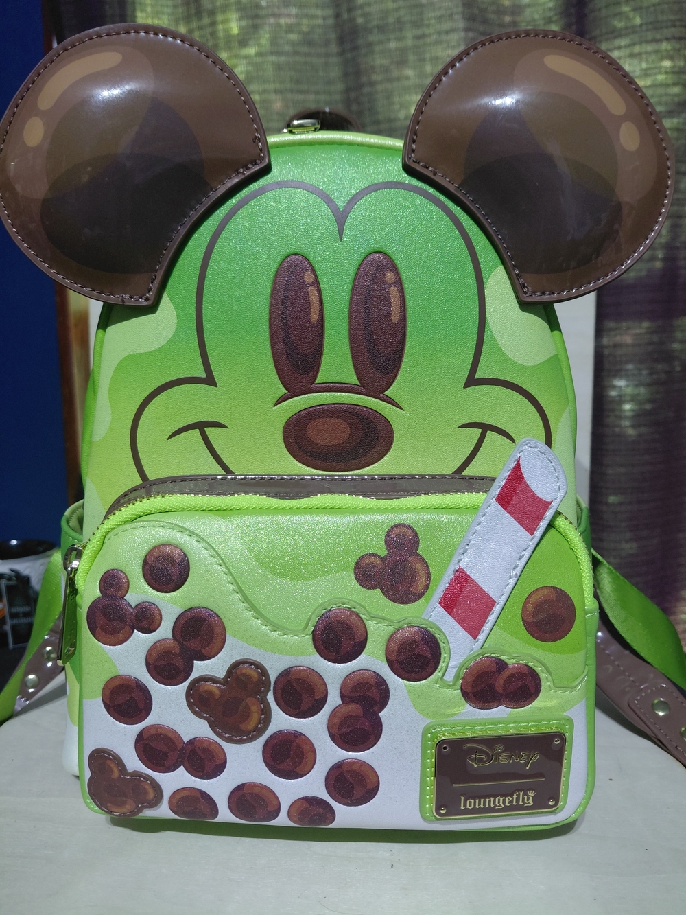 Loungefly Green Mickey Boba Tea Mini Backpack with Brown Ear Accents
